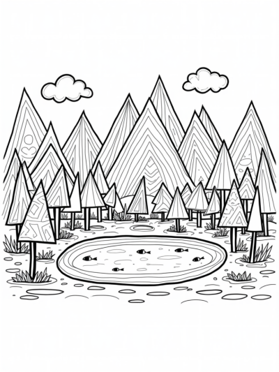 Geometric Triangle Landscape with Mountains and Trees
