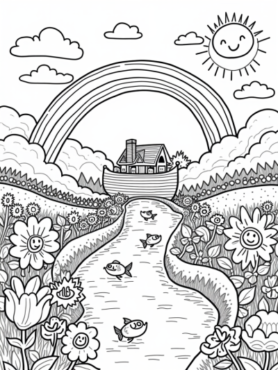 Friendly Rainbow Over a Vibrant Garden with Animals