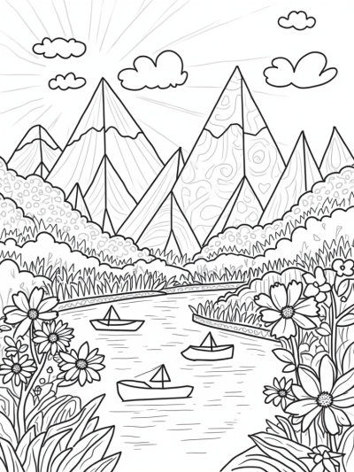 Colorful Triangle Landscape with Boats and Flowers