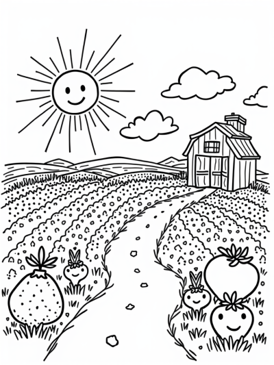 Sunny Farmyard with Friendly Scarecrow and Colorful Crops