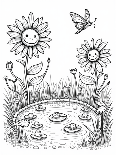 Giant Smiling Flowers and Playful Butterflies in a Garden