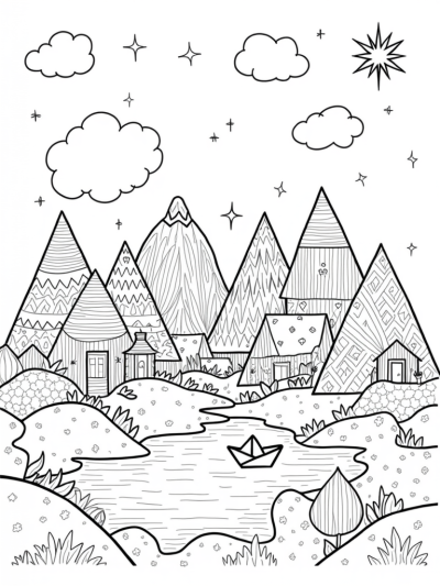 Colorful Triangular Village with a Sparkling Pond