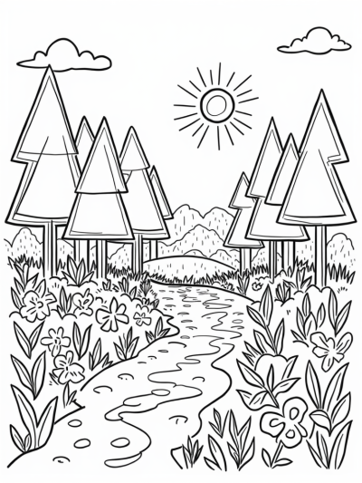 Triangle Forest with Colorful Trees and a Sparkling Pond