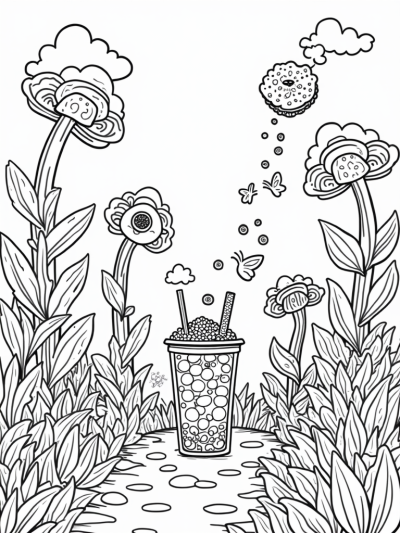 Boba Tea Garden with a Sparkling Teapot and Donut Cloud