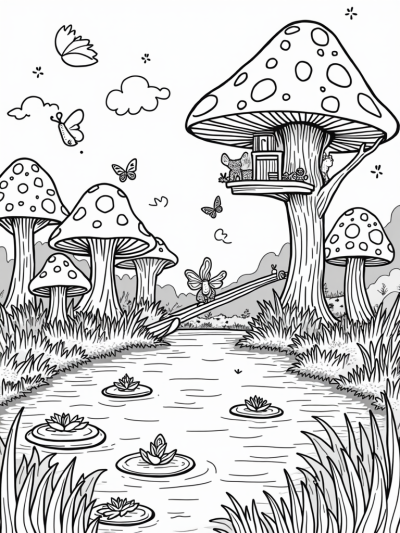 Magical Forest Glade with Mushrooms and Treehouse