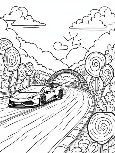 Lamborghini Racing Through a Candy Landscape