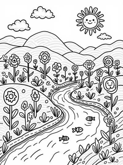 Sunny Landscape with Oversized Flowers and Playful Fish