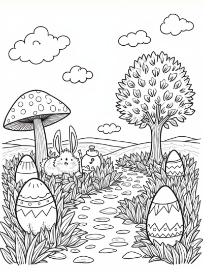 Colorful Easter Bunny in a Garden of Decorated Eggs