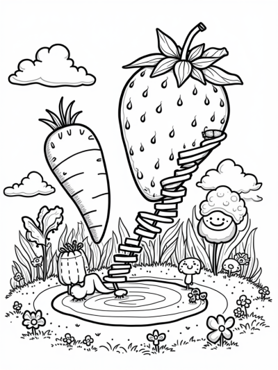 Giant Carrot Slide and Strawberry Tower in a Garden