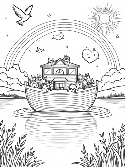 Colorful Ark with Playful Animals and Rainbows