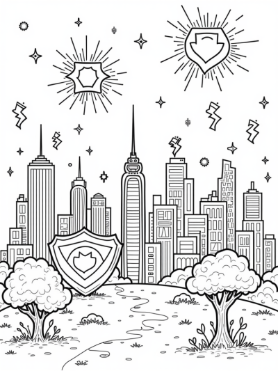 Superhero Skyline with Colorful Shield and Whimsical Tree