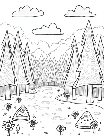 Triangle Forest with Colorful Trees and Flowers