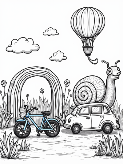 Garden of Whimsical Vehicles with Flowers and a Snail