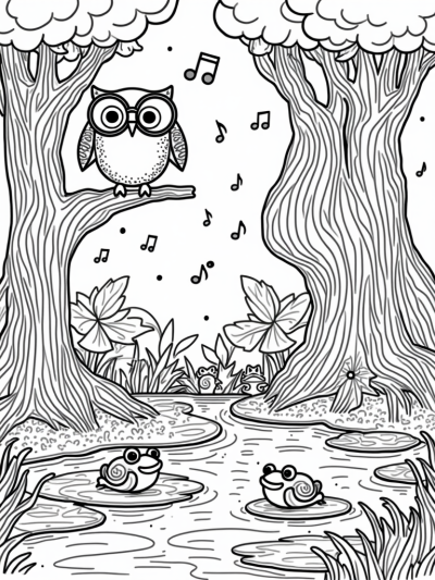 Curly Trees and a Cheerful Owl in a Jungle Scene