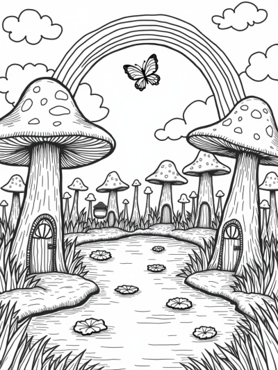 Whimsical Forest Glade with Colorful Mushrooms and Fairy Homes