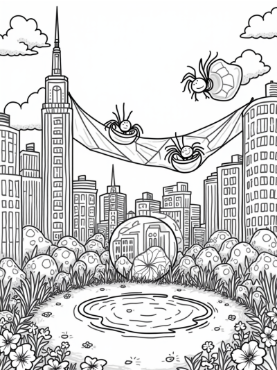 City Skyline with Spider Webs and Playful Spiders