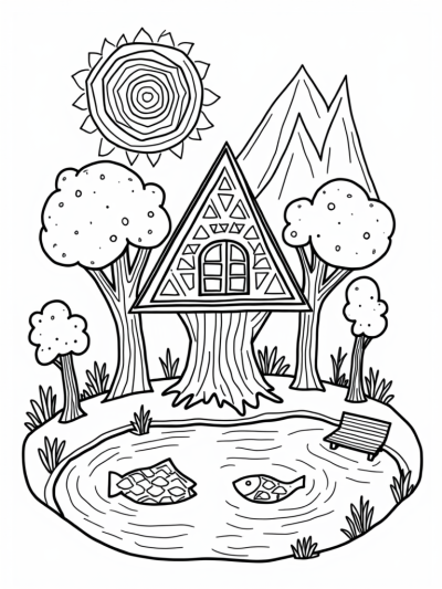 Triangle Treehouse Surrounded by Geometric Trees