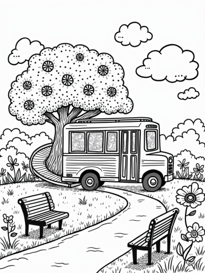 Colorful Treehouse Bus in the City Park
