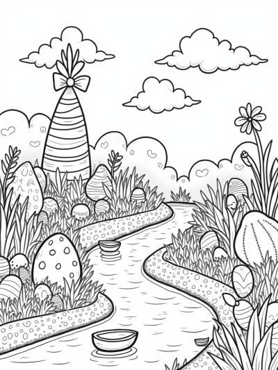 Easter Eggs and Bunny Clouds in a Garden