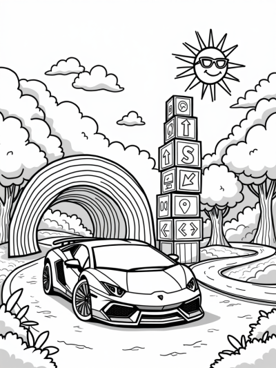 Lamborghini Racing Through a Rainbow Tunnel in a Fun Park