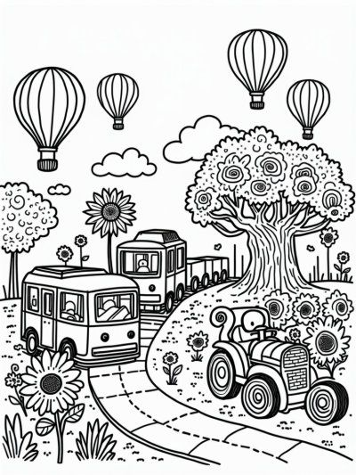 Transportation Garden with Animal-Shaped Cars and Hot Air Balloons
