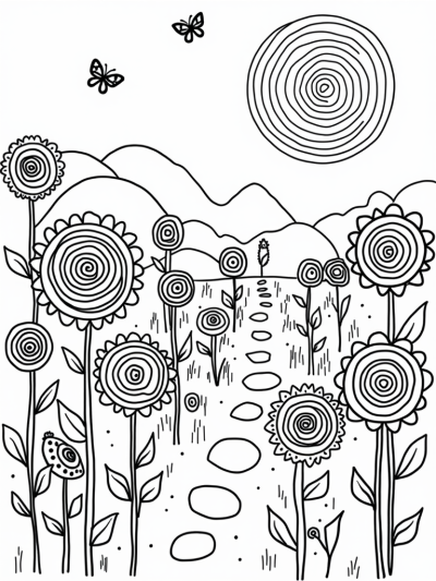 Colorful Circle Garden with Floating Flowers and Butterflies