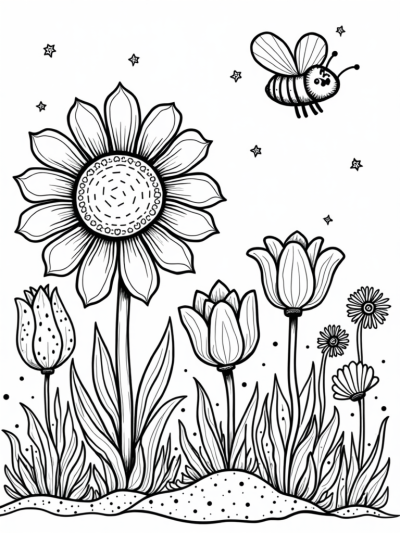 Giant Daisy and Playful Tulip in a Whimsical Garden