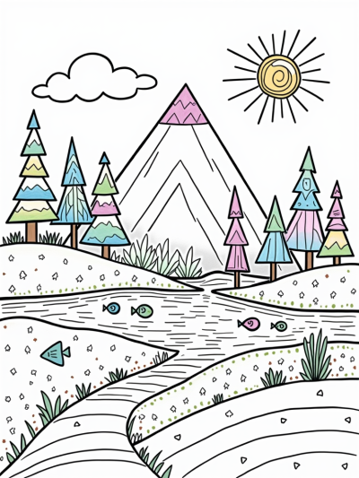 Colorful Triangular Landscape with Trees and a Pond