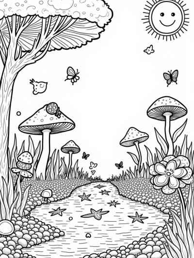 Oversized Mushrooms and Starfish Pond in a Garden