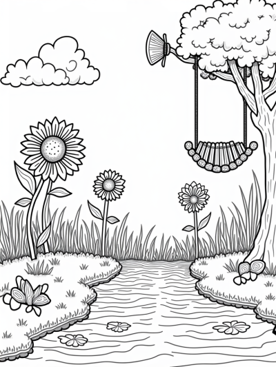 Musical Meadow with Giant Flowers and Friendly Clouds