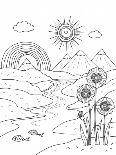 Sunny Landscape with Rainbow and Flowers