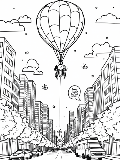City Skyline with Colorful Spider Webs and Balloons