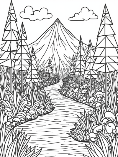 Vibrant Triangle Forest with Colorful Trees and Flowers