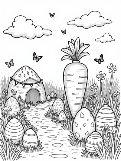 Giant Smiling Carrot in a Colorful Egg Garden