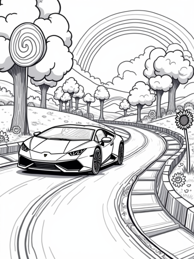 Race Track with a Cartoon Lamborghini and Giant Fruit Trees