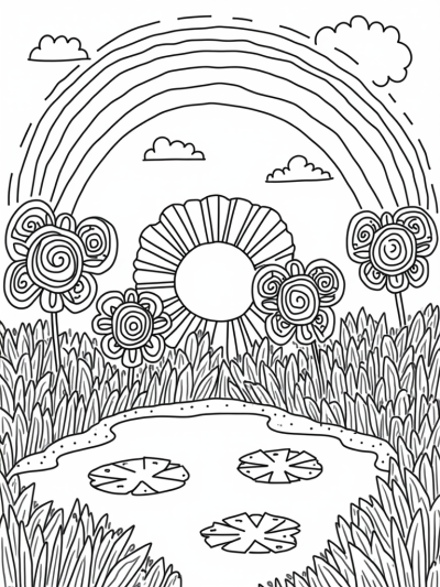 Colorful Circle Garden with Sun and Rainbow
