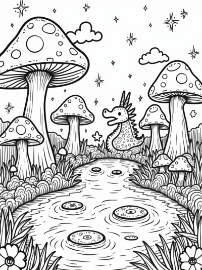 Enchanted Forest with Giant Mushrooms and a Friendly Dragon