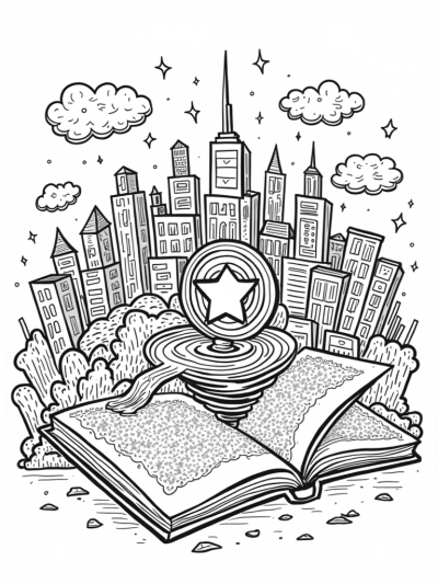 Colorful City Skyline of Superhero Emblems