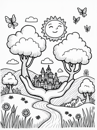 Friendly Cloud Giants and a Colorful Village