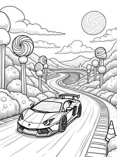 Candyland Race Track with Lamborghini and Lollipops