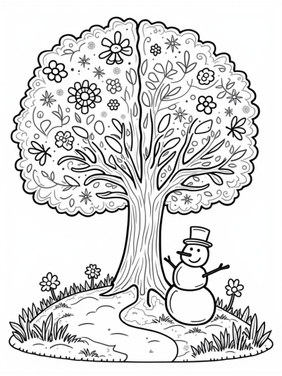 Seasons Tree with Spring Flowers, Summer Sun, Autumn Leaves, and Winter Snowman