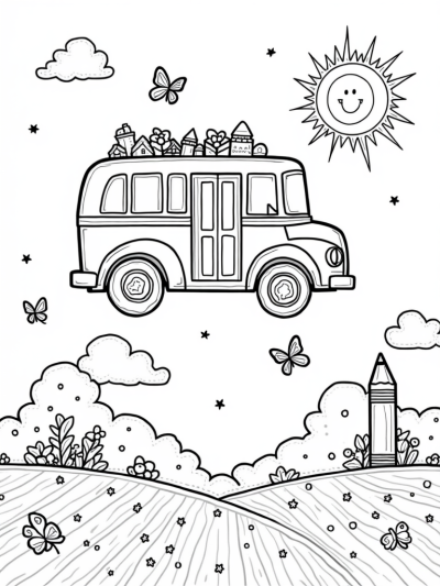Floating Hot Air Balloon Bus in a Cloudy Sky