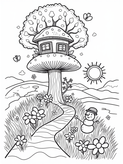 Treehouse on a Giant Mushroom with a Rainbow Path