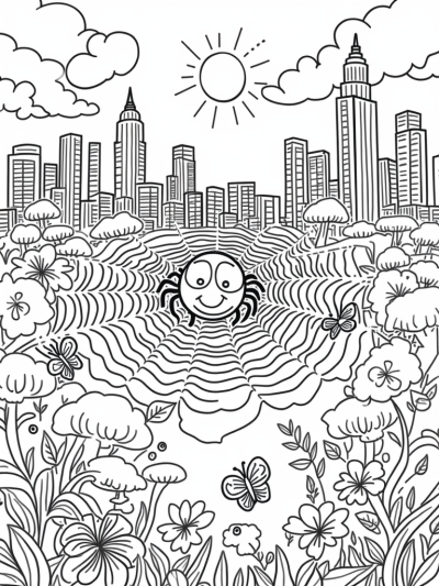City Skyline with a Happy Spider and Colorful Park