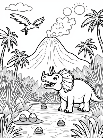 Triceratops and Pterodactyl in a Prehistoric Jungle