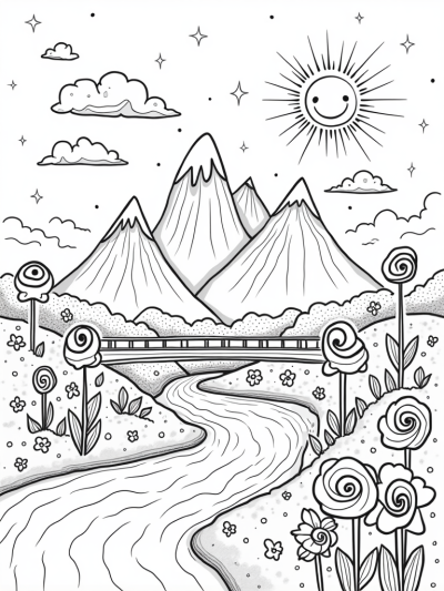 Candy-Colored Mountain Landscape with Lollipop Bridge