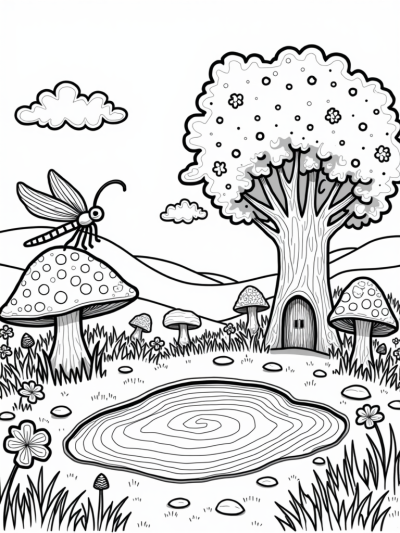 Enchanted Forest with a Dragonfly and Crystal Pond
