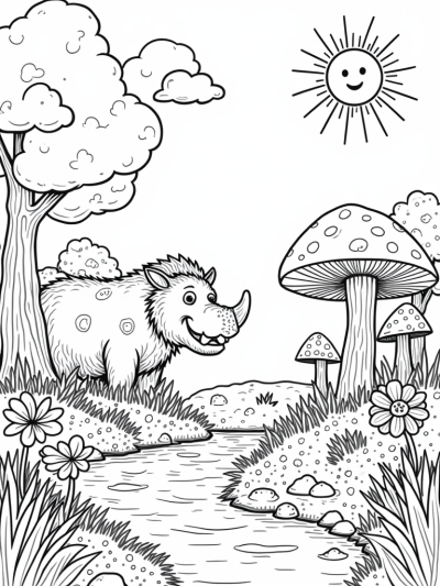 Friendly Gruffalo in a Mushroom Forest Clearing