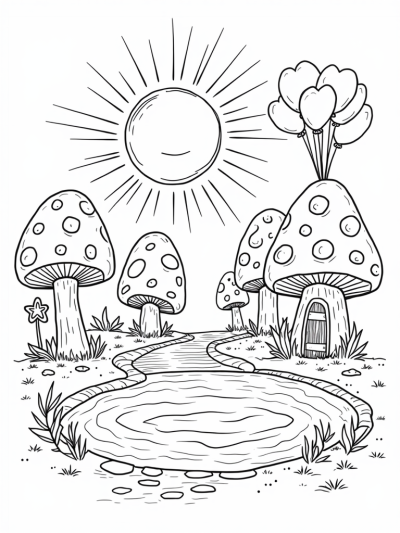 Enchanted Forest Glade with Mushrooms and Magical Pond