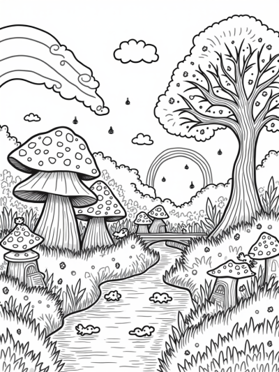 Mushroom Village in a Spiraling Forest